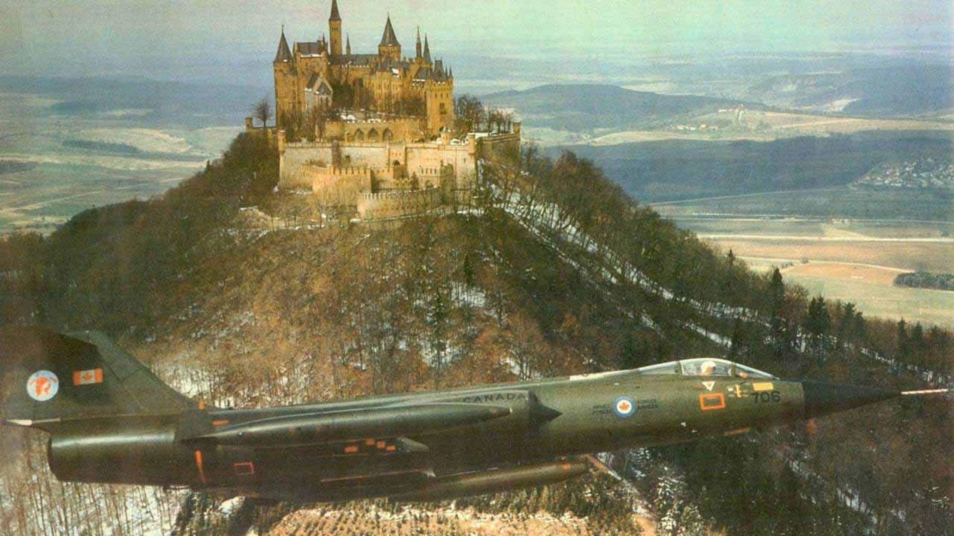 Canadian Armed Forces CF-104 (104706) flies by Schloss Hohenzollern castle in West Germany